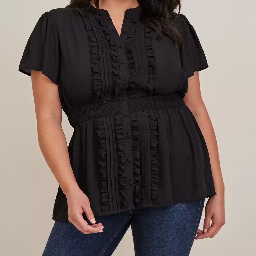 Torrid Georgette Ruffle Front Flutter Sleeve Blouse Black